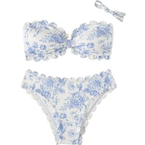 SHENHE Women's 2 Piece Bandeau Bikini Sets Floral Print Scalloped Boho Strapless Swimsuits (Blue and White) S