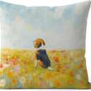 Floral Beagle Pillow Covers 18x18, Beagle Mom Lover Gifts for Women, Watercolor Wildflower Field Dog Decorative Throw Pillow Covers for Home Living Room Bedroom Sofa Couch