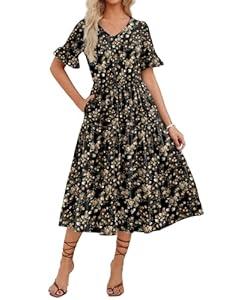 Zeagoo Women Summer Dress Short Sleeve Casual Midi Dress with Pockets Ruffle Sleeve V Neck Tiered Dress, 