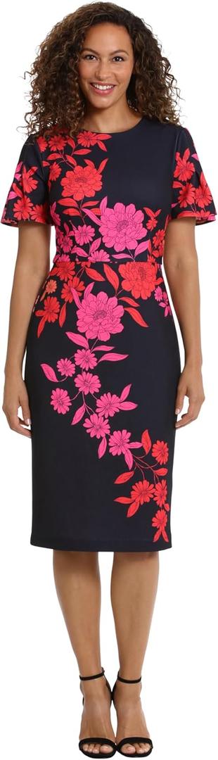 London Times Women's Dresses Jewel Neck Flutter Sleeve Emotional Flattering Polished Chic Midi Length Sheath Dress (Black), 22 Plus