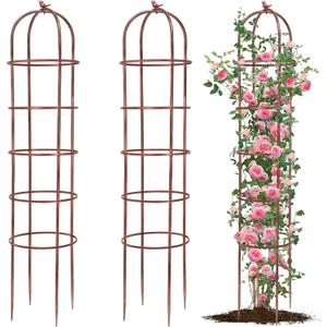 2 Pack 7Ft Heavy Duty Metal Garden Obelisk Trellis for Climbing Plants, Rust-Resistant Steel Vine Support Bird Finial for Rose Clematis, Potted Flowers Stand Indoor Outdoor Decor (Rose Gold), 2 PCS