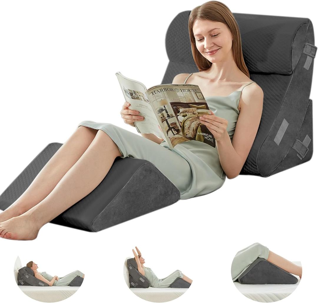 BDEUS 4PCS Bed Wedge Pillow Post Surgery, Orthopedic Sleeping Wedge Pillow Set for Back, Neck and Leg Pain Relief, Acid Reflux, GERD, Memory Foam Support Pillows for After Surgery, Grey