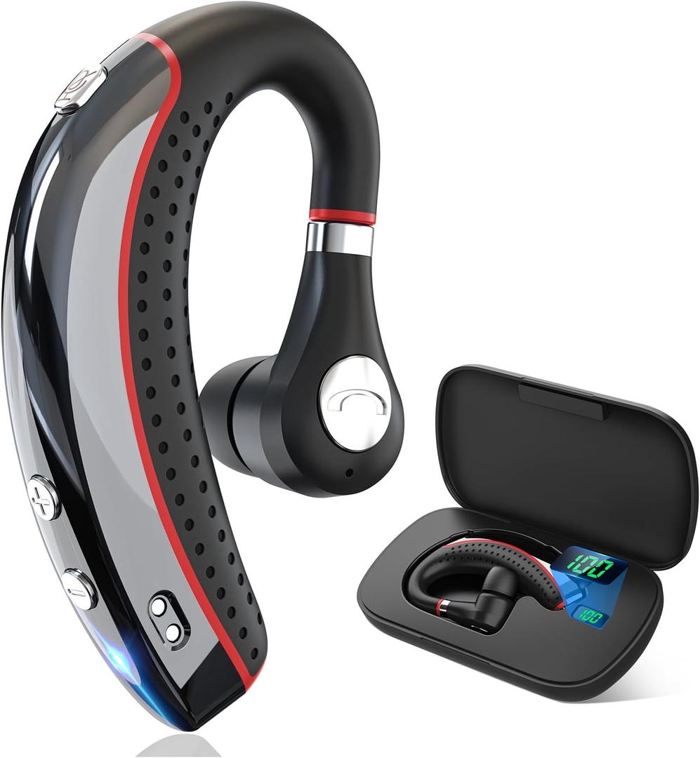 Bluetooth Headset V5.3, Wireless Bluetooth Earpiece with 500mAh Charging Case 72 Hours Talking Time Built-in Microphone for iOS Android Cell Phone, Hand-Free Headphones for Trucker, Office (Red)