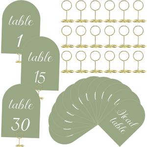 Green and White Table Numbers 1-30 with Head Table Number Card and Holders, 5 x 7 Inch Arched Place Seating Sign Double Sided for Wedding Reception Anniversary Birthday Party Restaurant