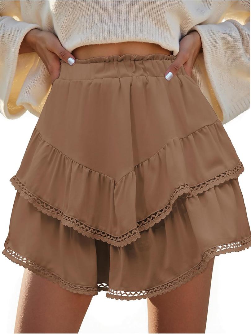 American Trends Skorts for Women Dressy Casual Flowy Shorts Boho Ruffle Tiered Skirts High Waist Mini Tennis Golf Skirt (Brown, XL)