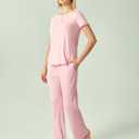 GYS Women's Bamboo Viscose Pajamas Short Sleeve Sleep Shirt and Flare Pj Pants Sleepwear Set (S)