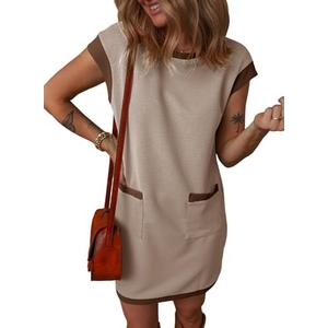 Dokotoo Women's 2026 Casual Spring Summer Dresses Fashion Cap Sleeve Color Block Crewneck Shift Tshirt Mini Dress Size XL
