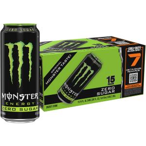 Monster Energy Zero Sugar, Green, Original, Low Calorie Energy Drink, 16 ounce (Pack of 15), Expiration Date February 25 2028 