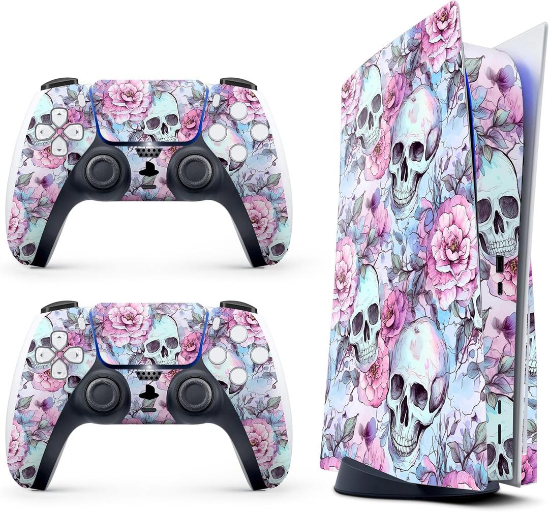 Skin Sticker for Game Console 5 Cover - Cherry Skull, Compatible with Both Disc Edition & Digital Edition (not Slim Ver) - 2 Controller Skins & Console Skin - No Bubble, Full Protection, Removable, PS5