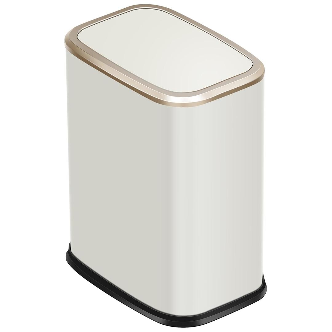 2 Gallon Small Office Bathroom Trash Can with Swing Lid,Living Room Bedroom Garbage can Wastebasket bin,Inner Bucket,Metal Decor Trash Can (Cream White)