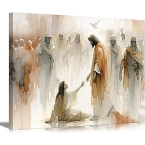 Jesus Heals The Woman Canvas Wall Art Woman Touches The Hem Of Jesus' Skirt Wall Decor Picture Watercolor Bible Stories Poster Print Painting for Christian Living Room Home Decoration Prepare To Hang, 24"L x 16"W