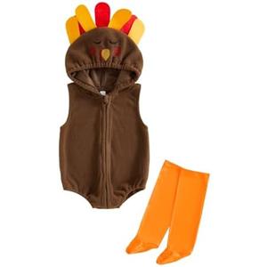 Nibbcoa My First Thanksgiving Baby Boy Girl Outfit Turkey Costume Hooded Zip Up Sleeveless Tank Romper Bodysuit with Socks 18-24M