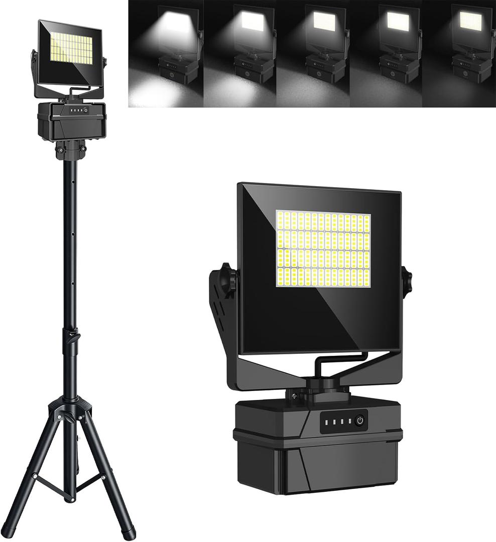 10000 mAh Rechargeable LED Work Light with Tripod Stand, 5000K Daylight White Dimmable 10000 Lumen Cordless Temporary Work Light, Long Lasting Flood Light (Upgrade 10000 mAh Battery)