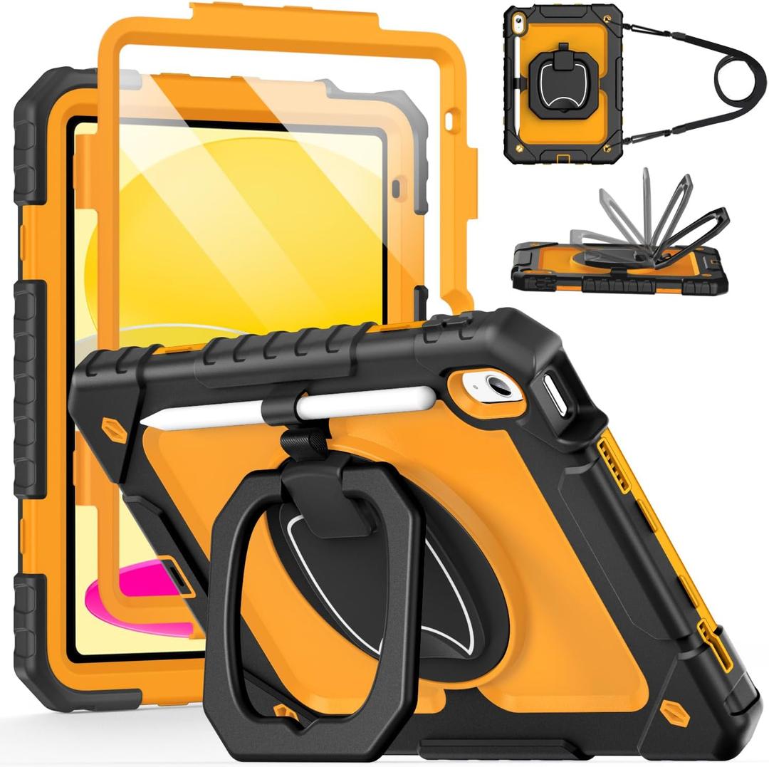 Cantis Case for iPad (A16) 11th/ 10th Generation 11/10.9 Inch 2025/2022, Shockproof Case for iPad 11 with Screen Protector/Rotating Stand/Adjustable Shoulder Strap/Pen Holder, Black+Yellow