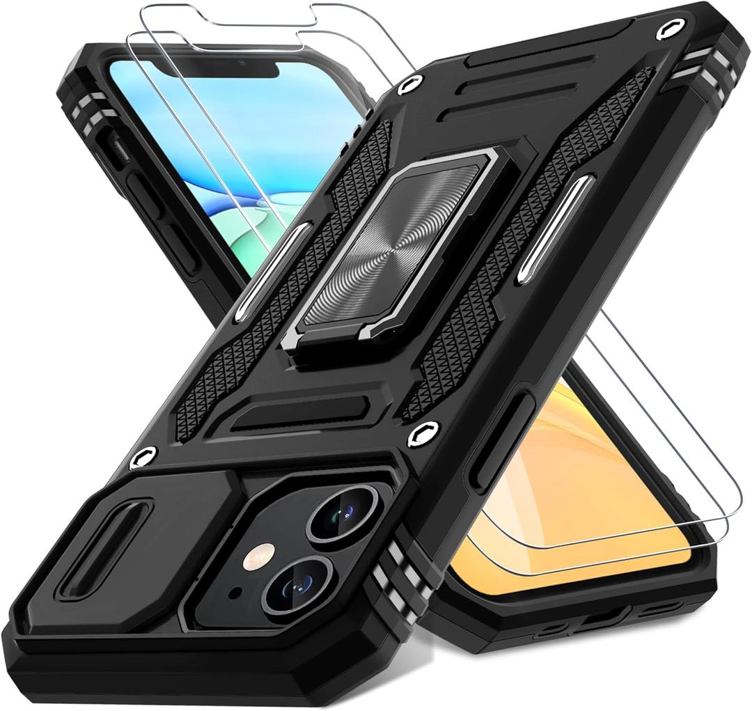 DEERLAMN Case for iPhone 11 with Slide Camera Cover+Screen Protector(2 Packs),Rotated Ring Kickstand Military Grade Shockproof Protective Cover-Black