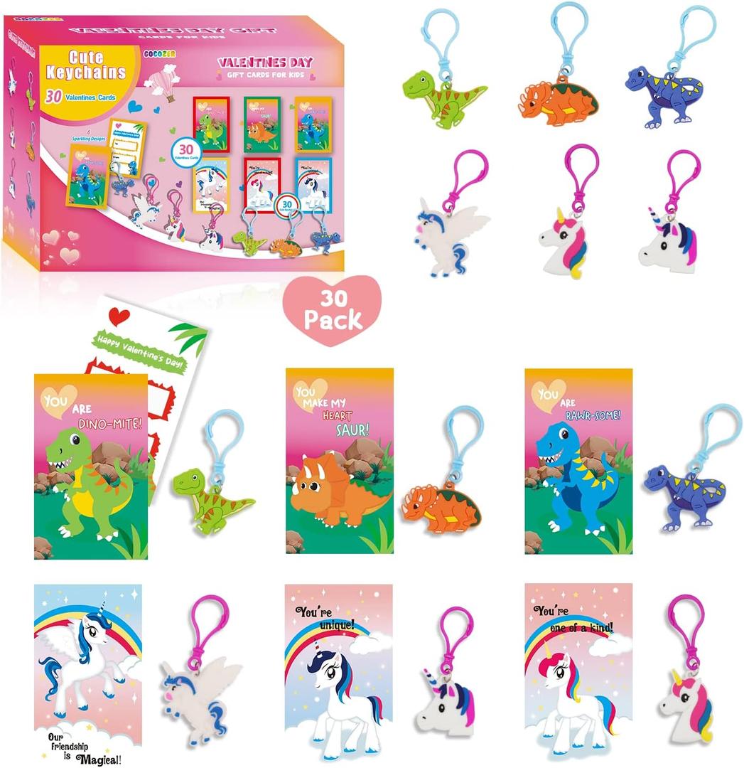 Valentines Day Gifts for Kids - 30 Pack Unicorn Dinosaur Keychains with Valentines Greeting Cards for Classroom, Valentines Exchange Gifts ideas Preschool Valentine Gifts favors