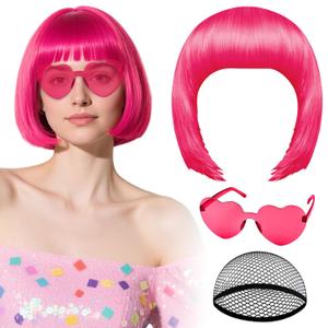 PLULON Hot Pink Bob Wig with Heart Sunglasses and Hair Cap, Colorful Short Bob Wigs Synthetic Party Wigs Funny Cosplay Hairpieces for Women Men Neon Bachelorette Halloween Costume Party Decorations
