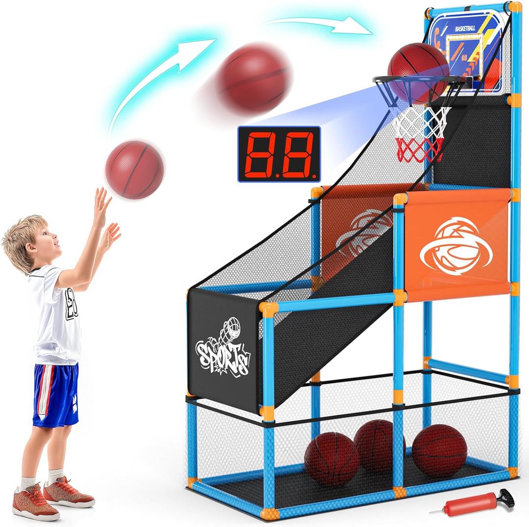 Arcade Basketball Game Set with Electronic Scoreboard&LED Light: Carnival Games Boy Toys Basketball Hoop Indoor Outdoor with 4 Balls & Air Pump Ideal Sports Toy Gifts for Kids 3-12 Years Old