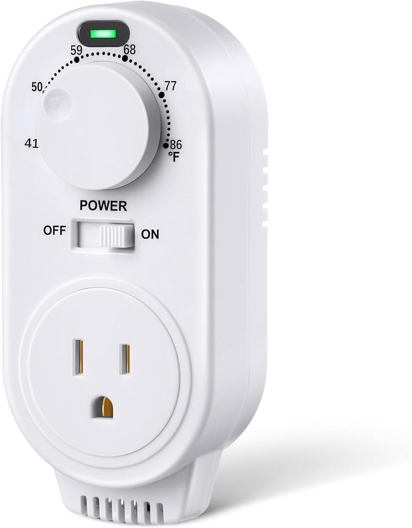 Adjustable Thermostat, Plug in Heating and Cooling Thermostat Controlled Outlet, Compatible with Portable AC, Fans and Space Heaters(1 Pack,White)