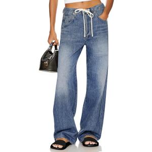 Cicy Bell Womens Wide Leg Jeans Drawstring High Waisted Baggy Straight Leg Jeans Trendy Boyfriends Denim Pants with Pockets (Blue)