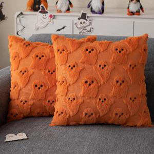 JXZYGMD Halloween Pillow Cover 18x18 Set of 2 Orange Ghost Pillow Covers Soft Plush Throw Pillows for Sofa Halloween Home Decor,  Orange, 18" x 18" (Pack of 2)