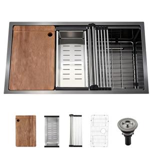 Stainless Steel Kitchen Sink : 28-Inch Undermount Single Bowl Farmhouse Workstation Sink - Noise Reducing Design & Accessories Included (Black, 2818)