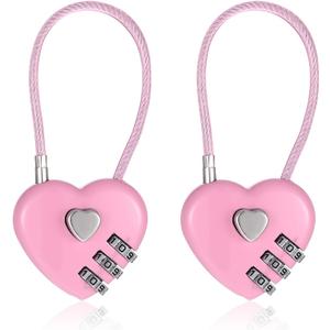 2 x 2 Pcs Padlock Combination Locker Lock 3 Digit Heart Shaped Cable Lock with Code, Pink Heart Locks for Backpacks, Gym Locker, Suitcase Travel Locks
