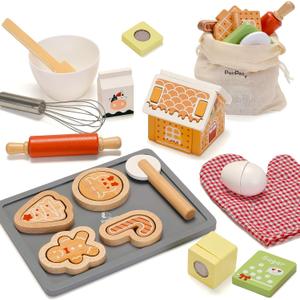 PairPear Gingerbread House Baking Playset – 29 Piece Wooden Christmas Cookie Baking Kit, 3D Toy Cookie Play Food & Pretend Kitchen Accessories, Educational Play Baking Toys Gift for Kids 3+