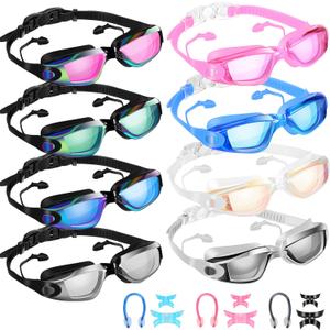 Fabbay 8 Pcs Swimming Goggles No Leaking Pool Goggles for Kid Adult UV Protection Swim Glasses Waterproof Nose Clip Earplug