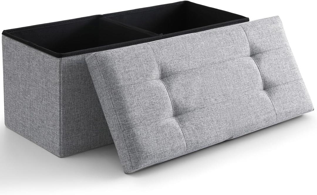 CUYOCA Storage Ottoman Bench Foldable Seat Footrest End of Bed Ottoman with Flipping Lid for Living Room, 75L, 30 inches Linen Fabric Grey