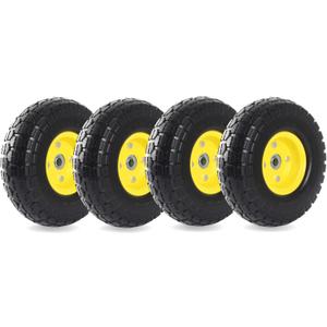 AR-PRO (4-Pack) 4.10/3.50-4" Flat Free Tire and Wheel - 10 Inch Solid Rubber Tires with 5/8" Bearings, 2.2" Offset Hub - Compatible with Garden Wagon Carts,Hand Truck,Wheelbarrow,Dolly,Utility Cart (Yellow)