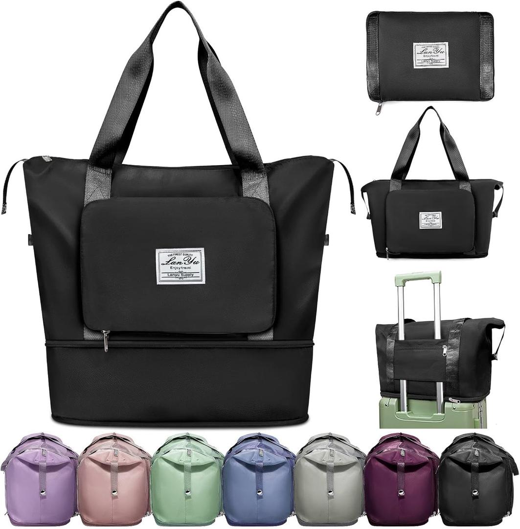 Ranslen Large Capacity Folding Travel Bag,Expansion Travel Duffel Bag with Dry and Wet Separation Portable Travel Duffel Bag (Black)