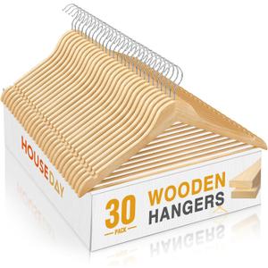 HOUSE DAY Slim Wooden Hangers 30 Pack, Solid Wood Hanger with Non Slip Shoulder Notches & Pant Bar, Smooth Finish Wood Clothes Hangers for Shirts, Suits, Jackets, Natural
