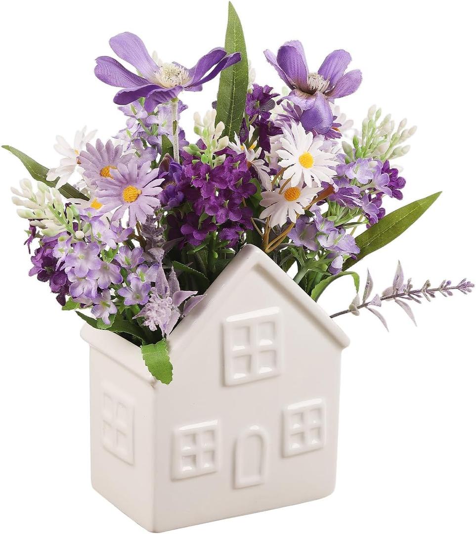 Small Fake Flowers Plants, Mini Artificial Lavender Flowers Purple Daisy in Ceramic Pot, Faux Potted Plants for Centerpiece Table Decorations Home Office Bathroom Tabletop Spring Decor