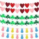 Valentines Day Decorations Felt Garland 6pcs Pre-Assembled Valentines Day Heart St Patricks Day Shamrock Easter Bunny Banner for Mantle, Fireplace, Wall, Party Supplies, Wedding, Anniversary
