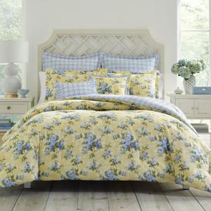 Laura Ashley - Queen Comforter Set, Soft & Reversible Cotton Bedding, Medium Weight for Year Round Comfort, 7 Piece Bed Set with Matching Pillowcases, Euro Shams & Bonus Throw Pillows (Cassidy Yellow)
