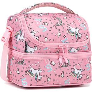 FlowFly Double Decker Cooler Insulated Lunch Bag Large Tote for Boys, Girls, Men, Women, With Adjustable Strap (Red-Unicorn)