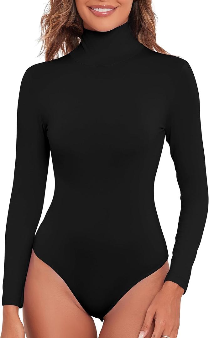 Kindcall Women Long Sleeve Turtleneck Bodysuit Shirts 2025 Fashion Going Out Tops (Medium, Black)