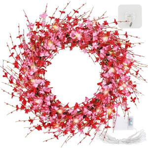 22 Inches Artificial Pink Forsythia Flower Wreath, Natural Vine Wreath, Spring/Summer Front Door Wreath with Hook and Light String, for Wedding Window Home Wall Indoor Front Door Decor