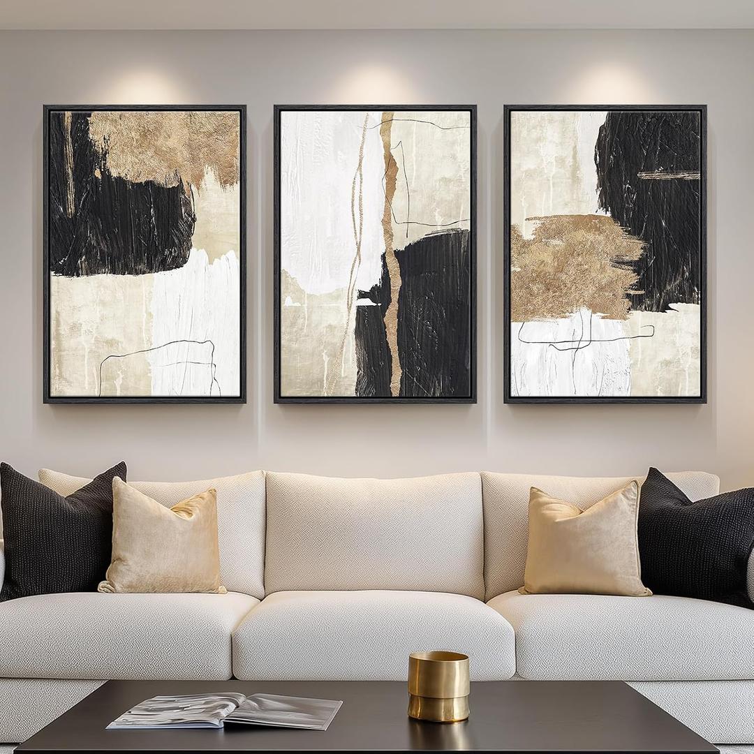 Framed Black and White Abstract Wall Art for Living Room, 3 Piece Large Canvas Modern Picture Artworks, Minimalist Black Gold Painting Prints for Dining Room Hallway Home Office Wall Decor, 24x36 Inch, 24" W x 36" H x 3Pcs
