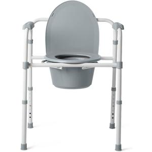 3-in-1 Bedside Commode Chair  Steel Folding Frame, 7.5 QT Bucket, 350 lb Weight Capacity, Clip-On Toilet Seat, Bathroom Safety Aid for Seniors, Tool-Free Assembly  Gray