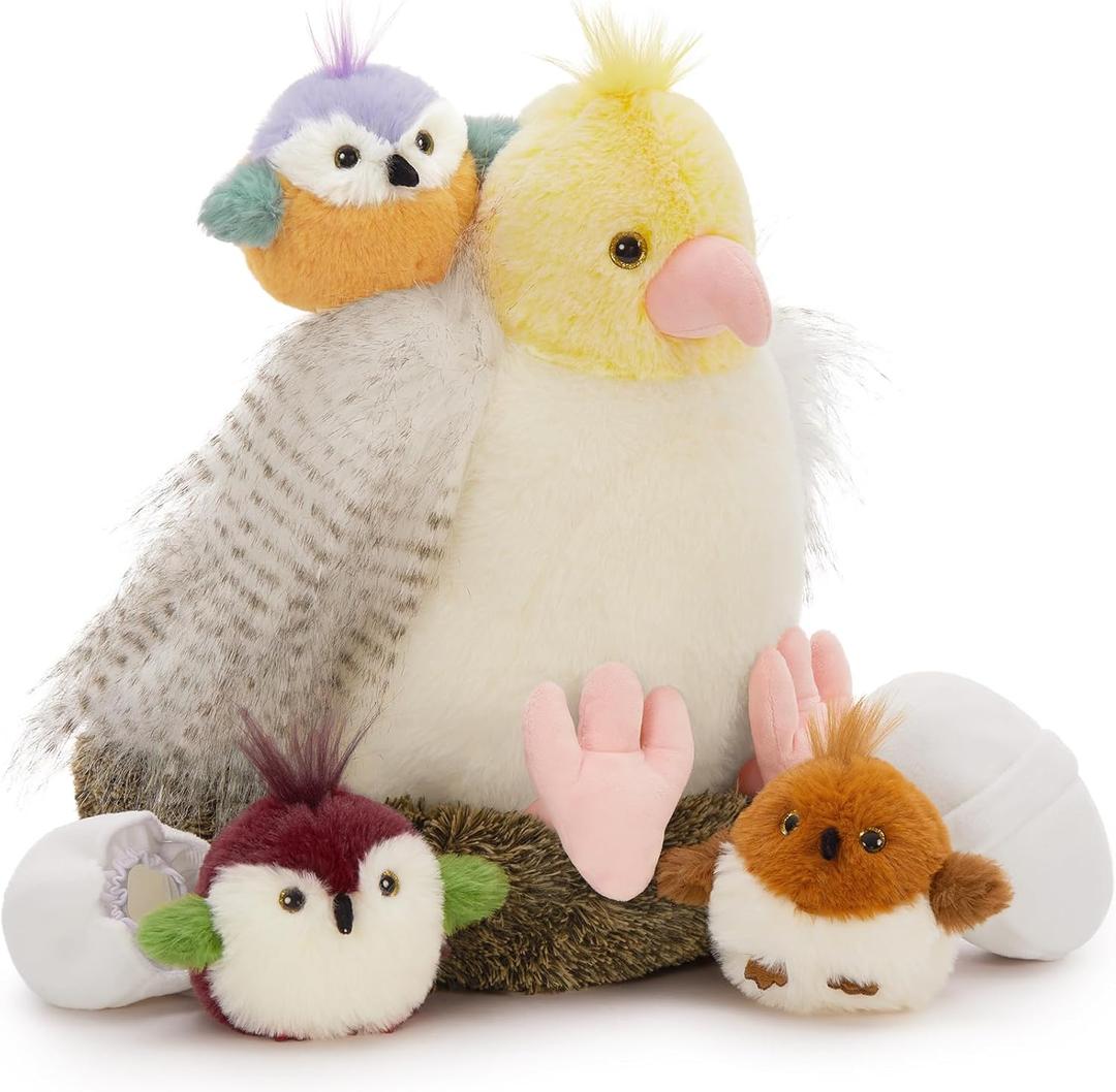 Muiteiur 7 Piece Bird Stuffed Animals, 14 in Parrot Plush Set with Nest, Cute Plush Bird Nest for Kids,Girls,Boys