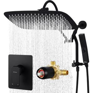 G-Promise 14 Inches Shower Faucet Sets Complete, All Metal Rainfall Shower Head and Handle Set, Extended Downward Diverter, Gooseneck Extension Arm and Pressure Balance Rough-in Valve Included (Matte Black)