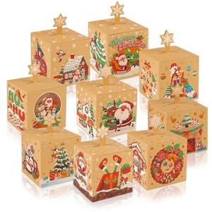 Qpout 27Pcs Christmas Kraft Paper Candy Boxes for Gift Giving,3D Xmas Goody Gift Cookies Treat Boxes,Decorative Christmas Favor Boxes for Holiday Xmas Party Favors Supplies Bag Fillers