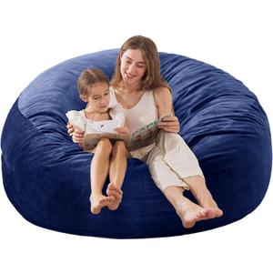 EDUJIN 5 ft Bean Bag Chair: 5' Large Memory Foam Filled Bean Bag Chairs for Adults with Filling, Ultra Soft Dutch Velvet Cover, Round Fluffy Lazy Sofa for Living Room - 5 Foot, Dark Blue (Cobalt)