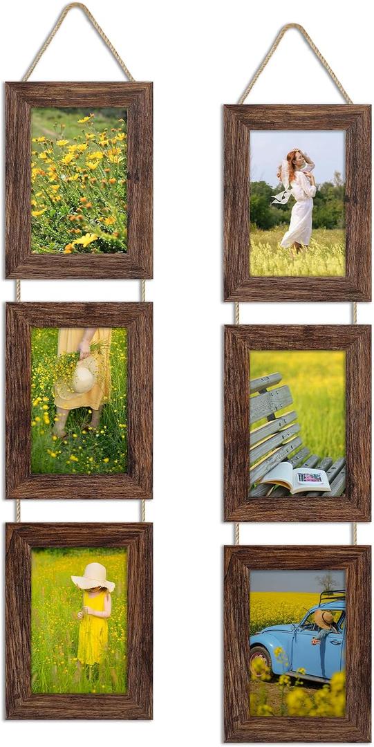 4x6 Collage Picture Frames Set of 2, Rustic Wooden Real Glass Vertical Hanging 3 Opening 4 by 6 Photo Frame, Distressed Brown