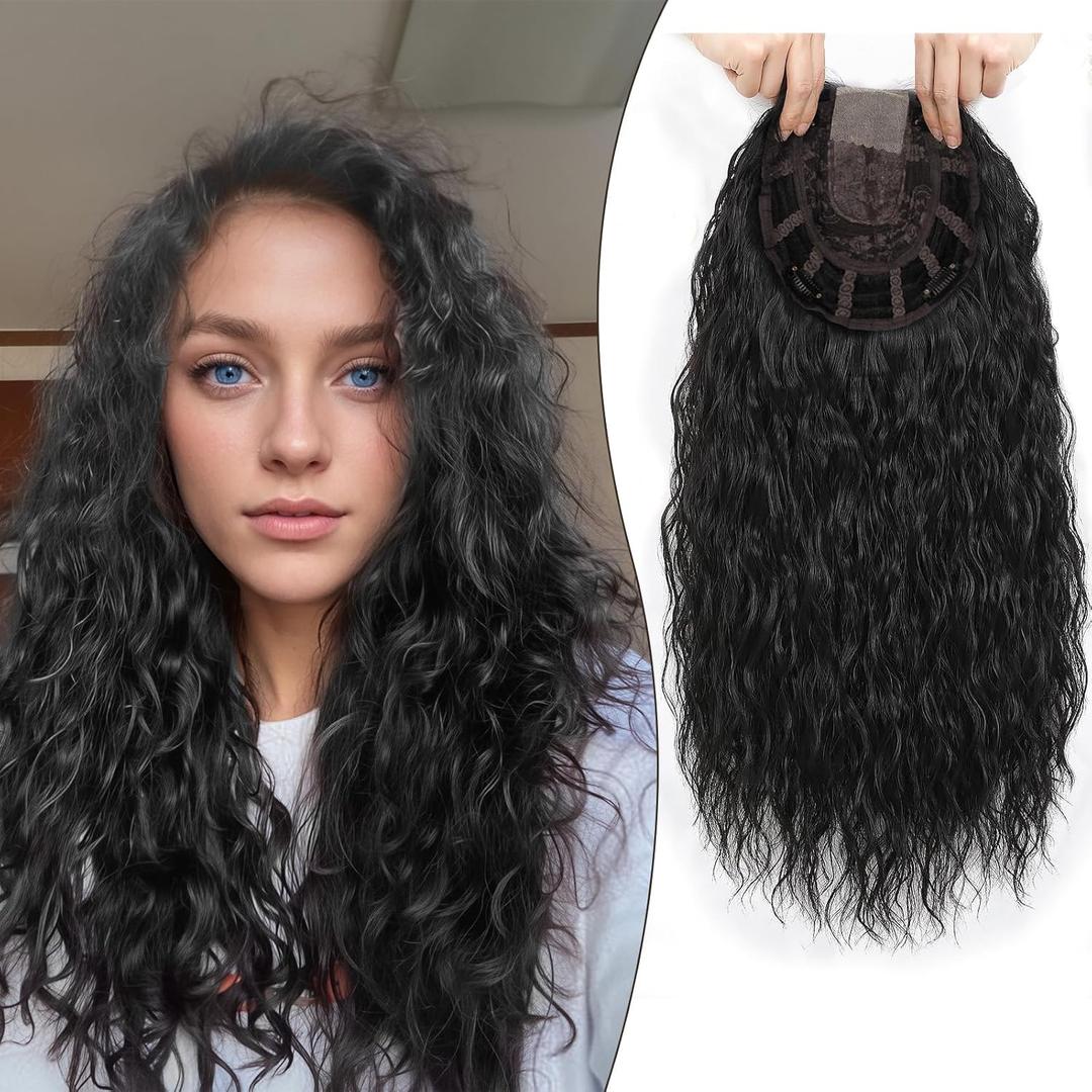 CROWN GUIDE 20 Inch Curly Hair Topper for Women with Thinning Hair Synthetic Lightweight & Breathable Hairpiece 6.5x6.5 Base - Curly Clip In Topper Adds Volume and Wiglets Full Coverage (Soft Black)