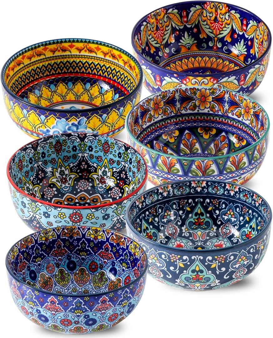 Glowworm Cereal Bowls Set of 6, 26 Oz Ceramic Soup Bowls for Kitchen, Colorful Cereal Bowls for Rice, Oatmeal, Fruit, Ice Cream, Dessert, Dishwasher & Microwave Safe, Bohemian