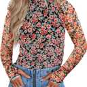 Womens Floral Mesh Long Sleeve Shirts Mock Neck Fitted Sheer Tops Outfit with Thumb Holes (XL)