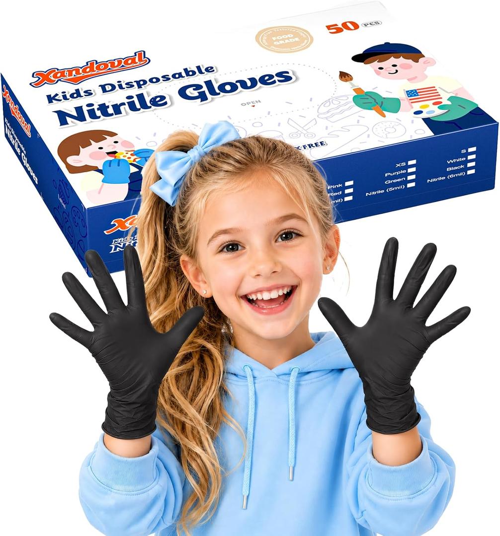Kids Disposable Gloves for 4-8 Years, 5Mil Small Black Nitrile Gloves for Work, Cleaning, Cooking, GardeningLatex-Free and Powder-Free(XS,50PCS)